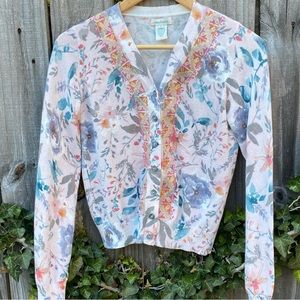 SUNDANCE Pastel Floral Cardigan with Needlepoint Trim Size XS
